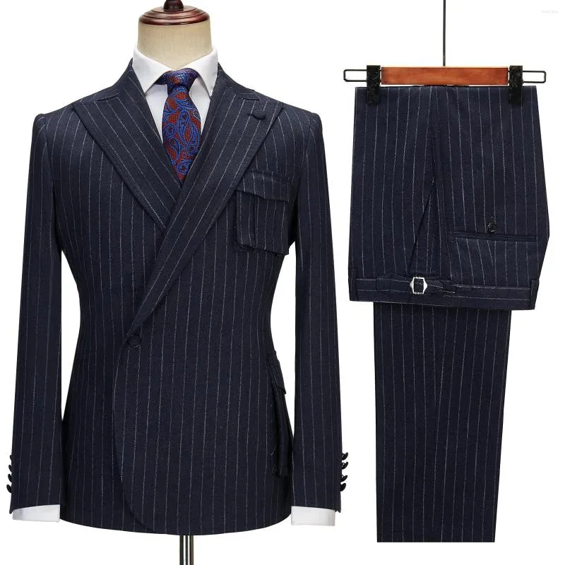 Costumes masculins 2024 Navy Blue Men Slim Fit Chroomsman 3D POCHETS PINSTRIPE DU BOUTON DE LA SEMT DU RECHAP