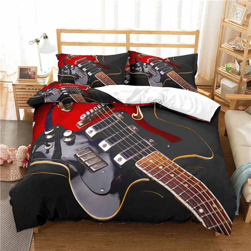 Sets Home Textile Luxury 3D Guitar Print 2 / 3pcs Couper à couette confortable Ensembles de literie de taie d'oreiller Queen et King EU / US / AU Taille