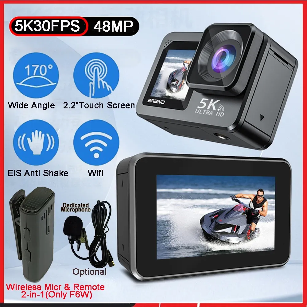 Aparat F6W bezprzewodowy mikrofon akcji 5K 4K60FPS 48MP 2.2 "Touch LCD EIS Podwójny ekran WiFi 170D Wodoodporny 30m 8x Zoom Go Sports Pro Cam