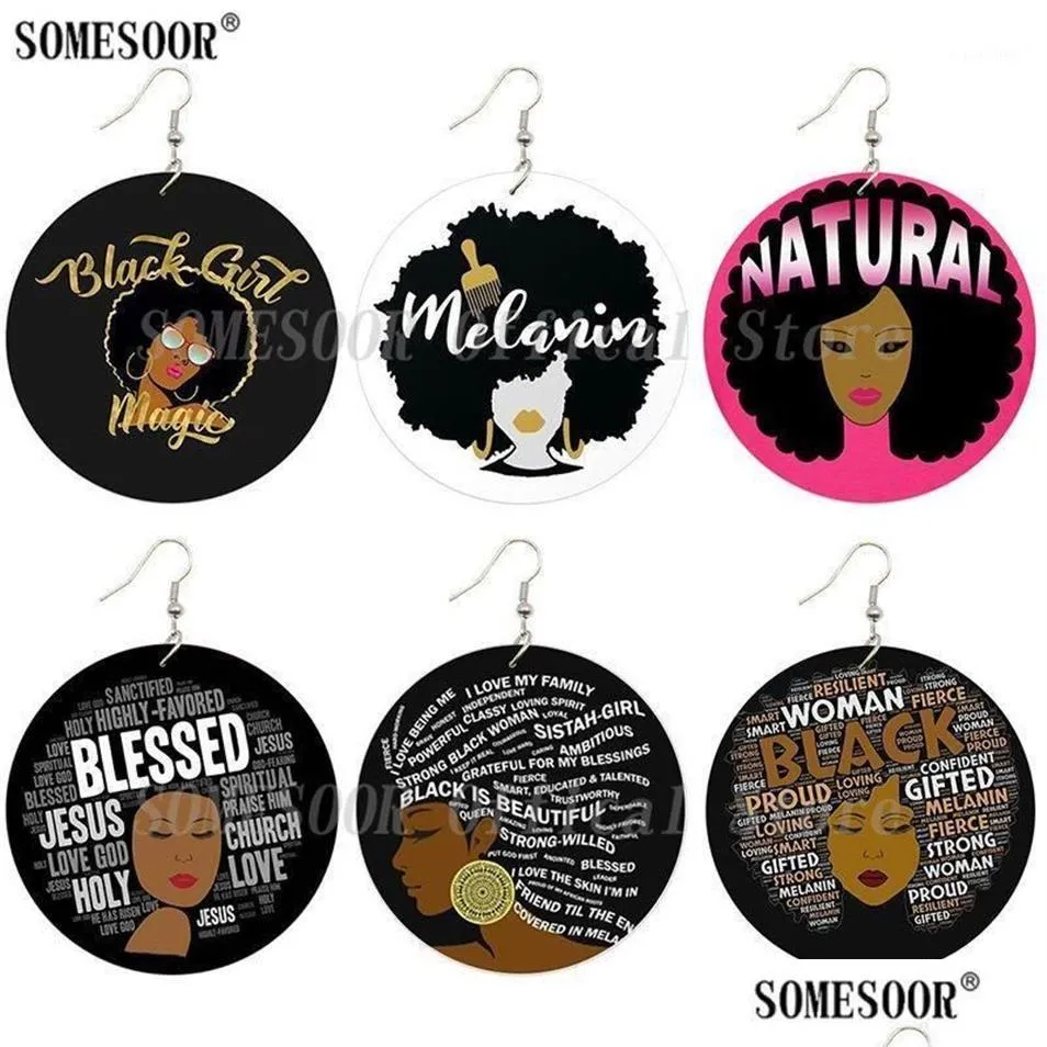 Dangle Chandelier Somesoor Blessed Black Woman Wooden Drop Earrings Natural Melanin Locs Hoops Both Sides Print Inspiring Saying22 Dhbut