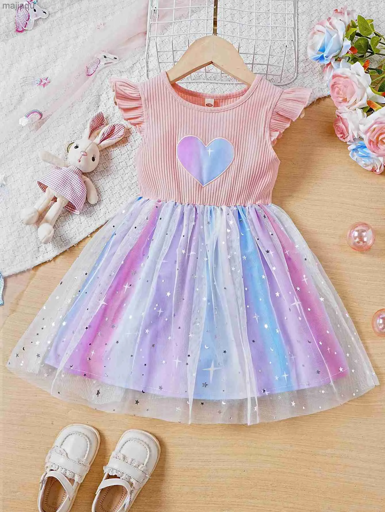 Mädchenkleider Girls Girls New Summer Valentines Day Series Kleid + süßes Fantasy Herzdruck Fünfzüfiger Stern verschönerte Mesh Dressl2404