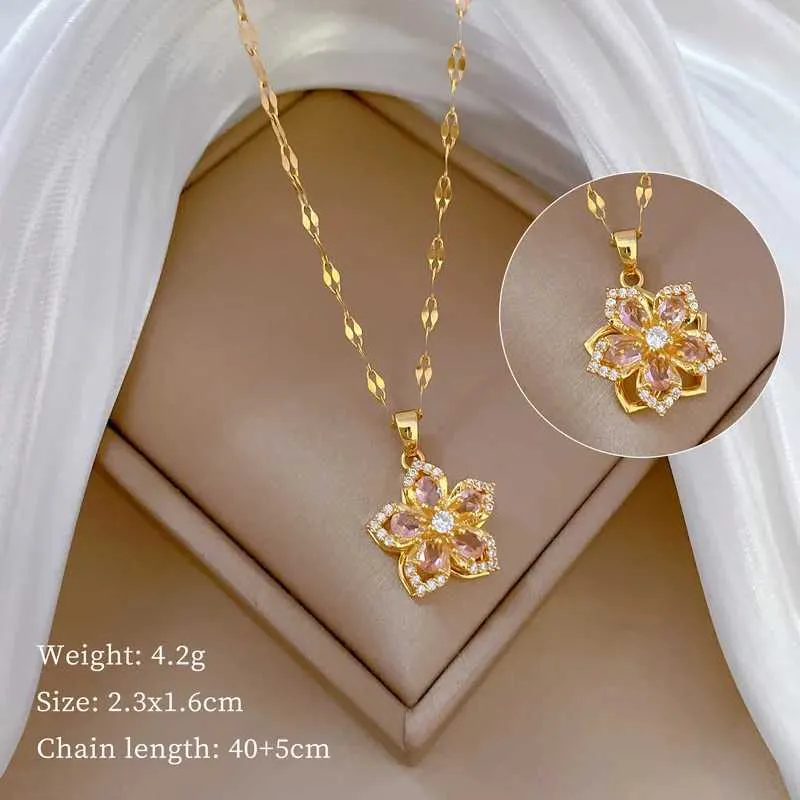 Necklaces Fashionable Rotating Five-leaf Flower Light Temperament Gorgeous Micro-paved Necklace Stainless Steel Pendant_voghion.com