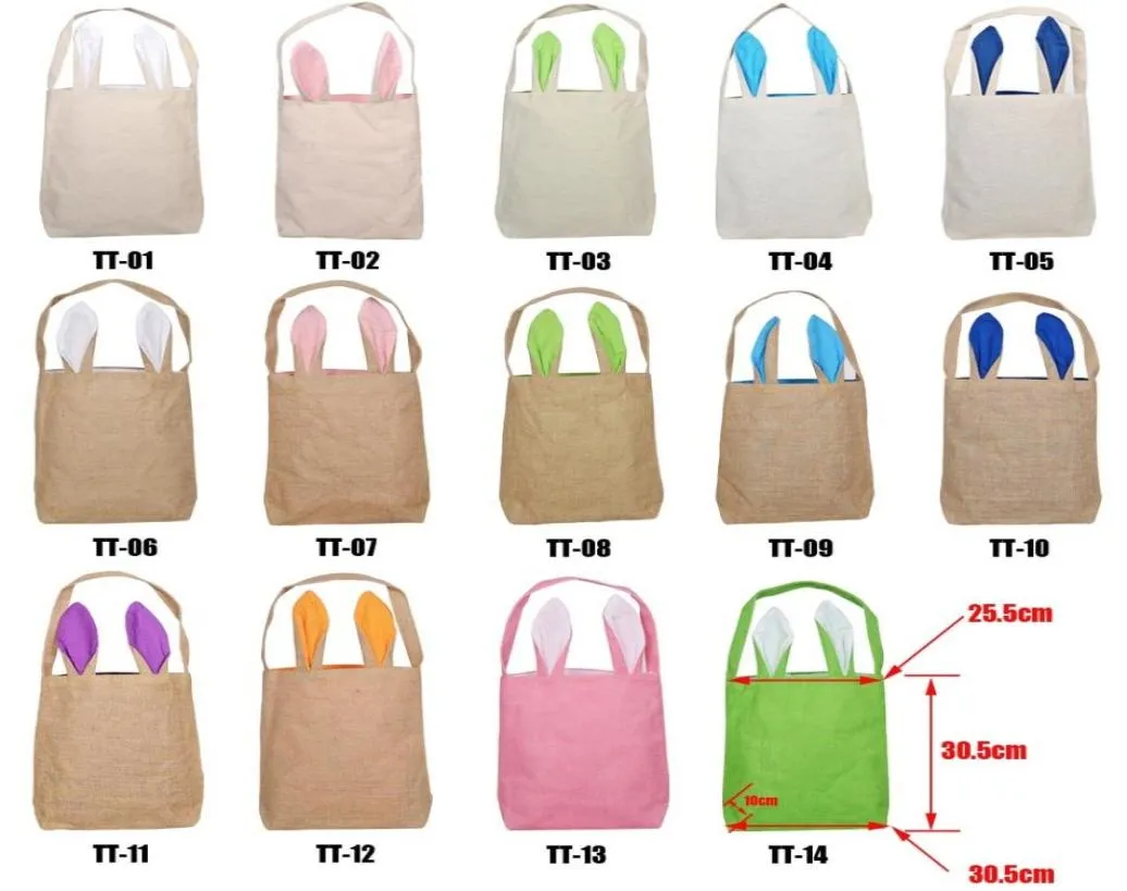 Festliga festleveranser påskharen väska för äggjakter säckväv korg på handväska 14 färger dubbla lager öron design med jute clot3477311