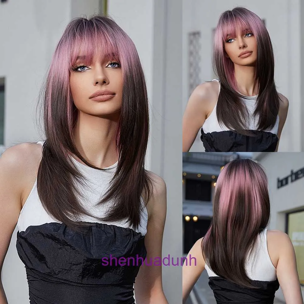 Designer high-quality wigs hair for women New Full Head Set Cosplay Punk Pink Gradient Dark Brown Length Straight Hair Wig