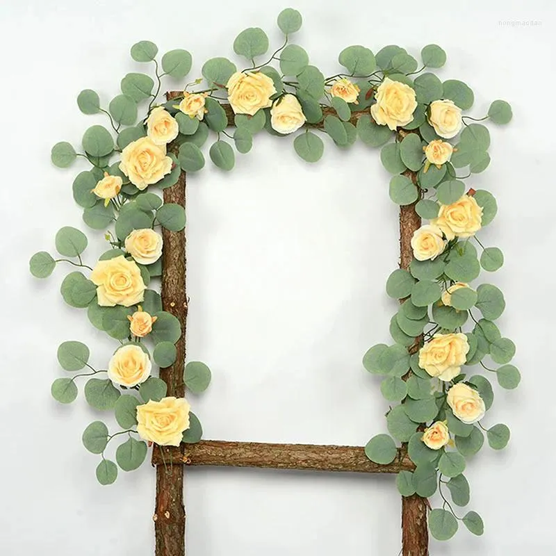 Fleurs décoratives 1,85m 21pcs Rose Fake Eucalyptus suspendu Garland Artificial Plant Vine Ornements pour les décorations de fête de mariage