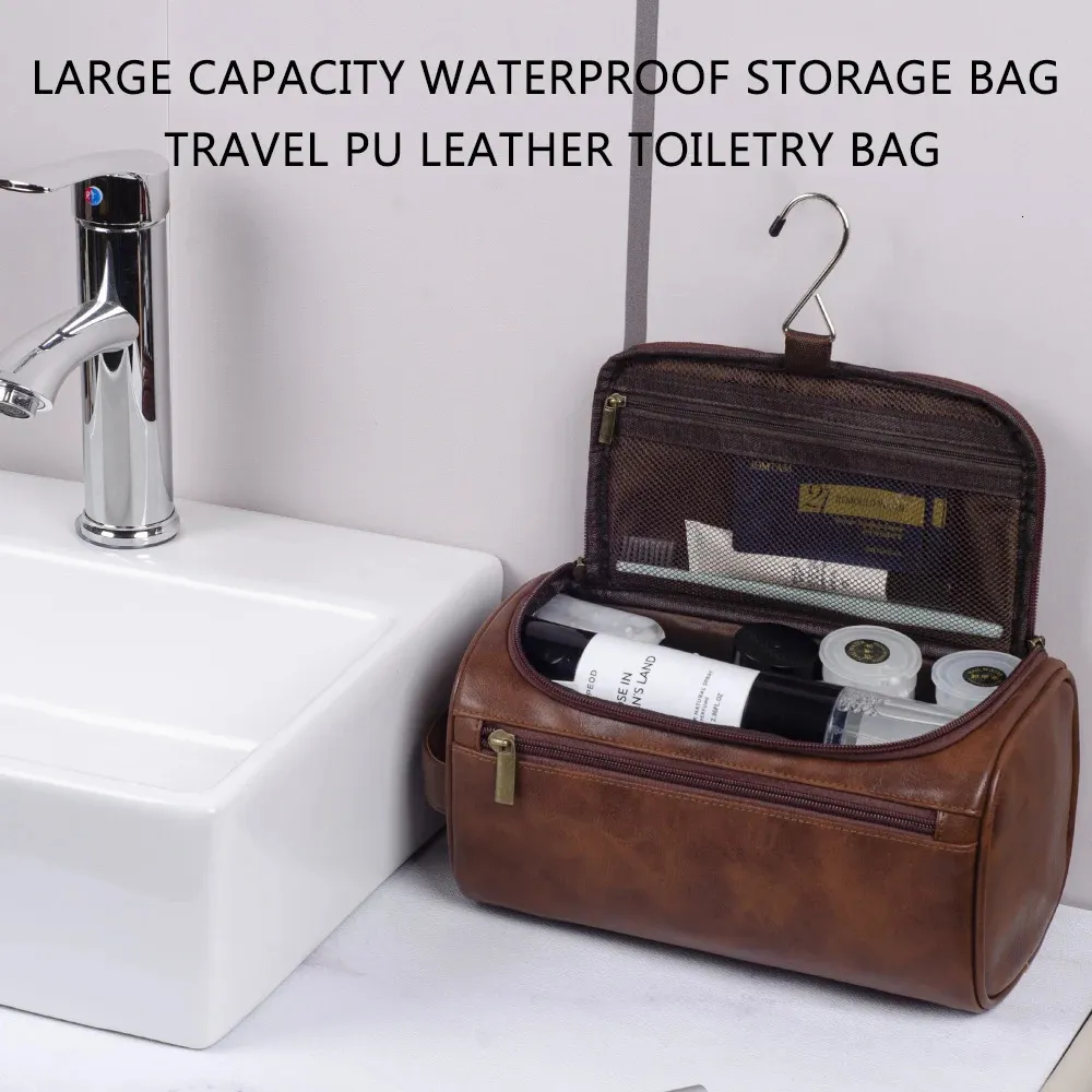 Erkekler için deri tuvalet çantası kadınlar dopp kiti asma tuvalet çantası seyahat tuvalet çantası, büyük kozmetik çanta için seyahat için tuvalet çantası t 240422