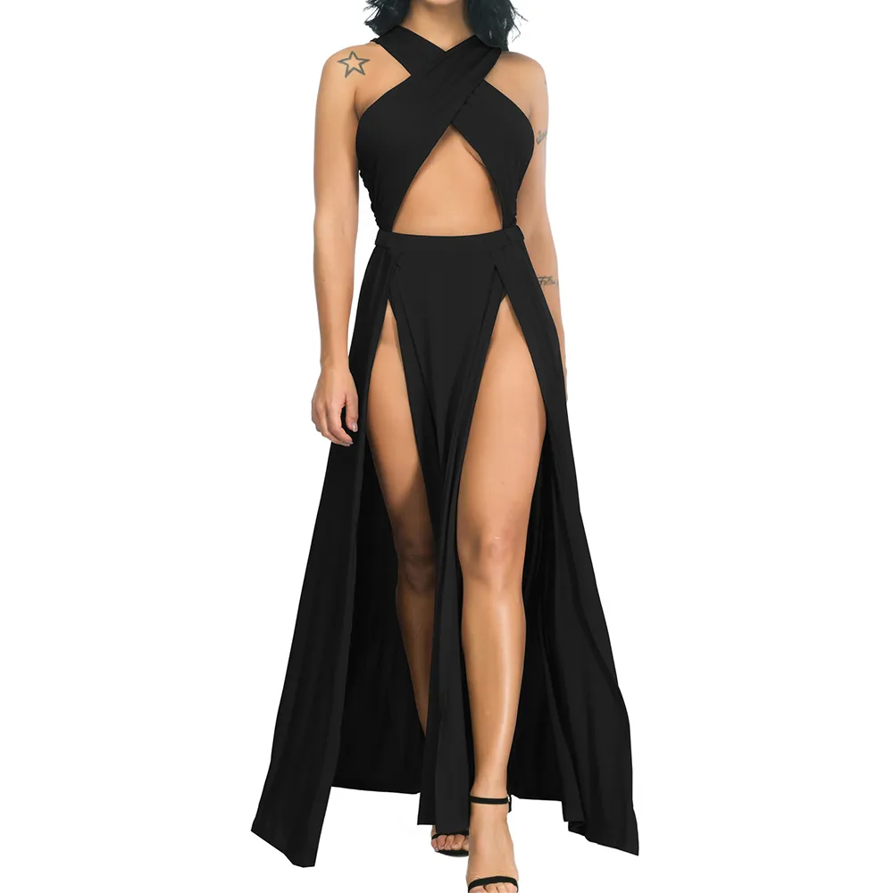 Kvinnor Urban Sexy Dresses Evening Party Dress Hollow Out Halter Wrap Sleeveless Plain Pleated Slit Casual Long Maxi Dress