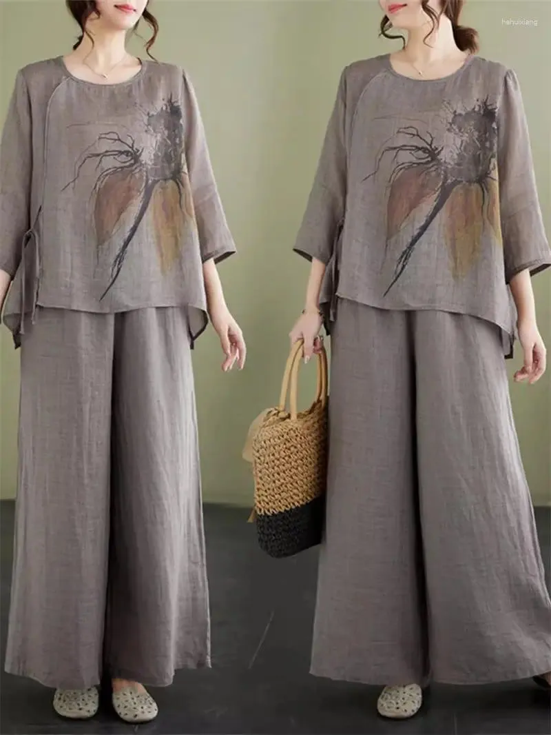 Dwuczęściowe spodnie dla kobiet modny styl etniczny drukowana bawełniana i lniana koszula Zestaw duży luźny szczupły strój dla kobiet