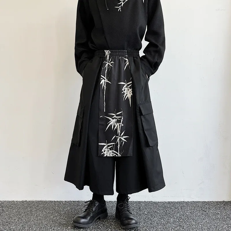 Calça masculina estilo chinês de bambu impressão de retalhos de retalhos vintage pernas largas mas harajuku calntskirt streetwear