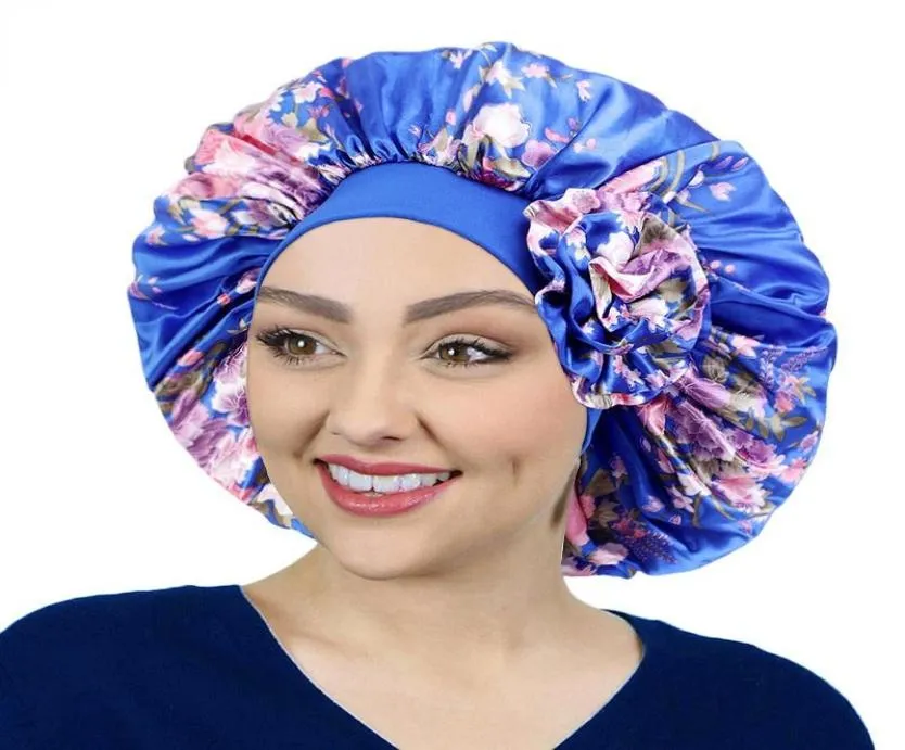 Beanieskull Caps Extra großer seidige Satin Haarhaube für Frauen schlafende elastische breite Kopfhackpackung gedruckter Blütenschaufel Hat9470460