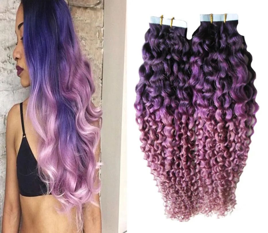 Färgpurplepink ombre brasilianskt hår 40pcs kinky lockigt jungfruhår hud inslag 100g tejp i mänskliga hårförlängningar5701324