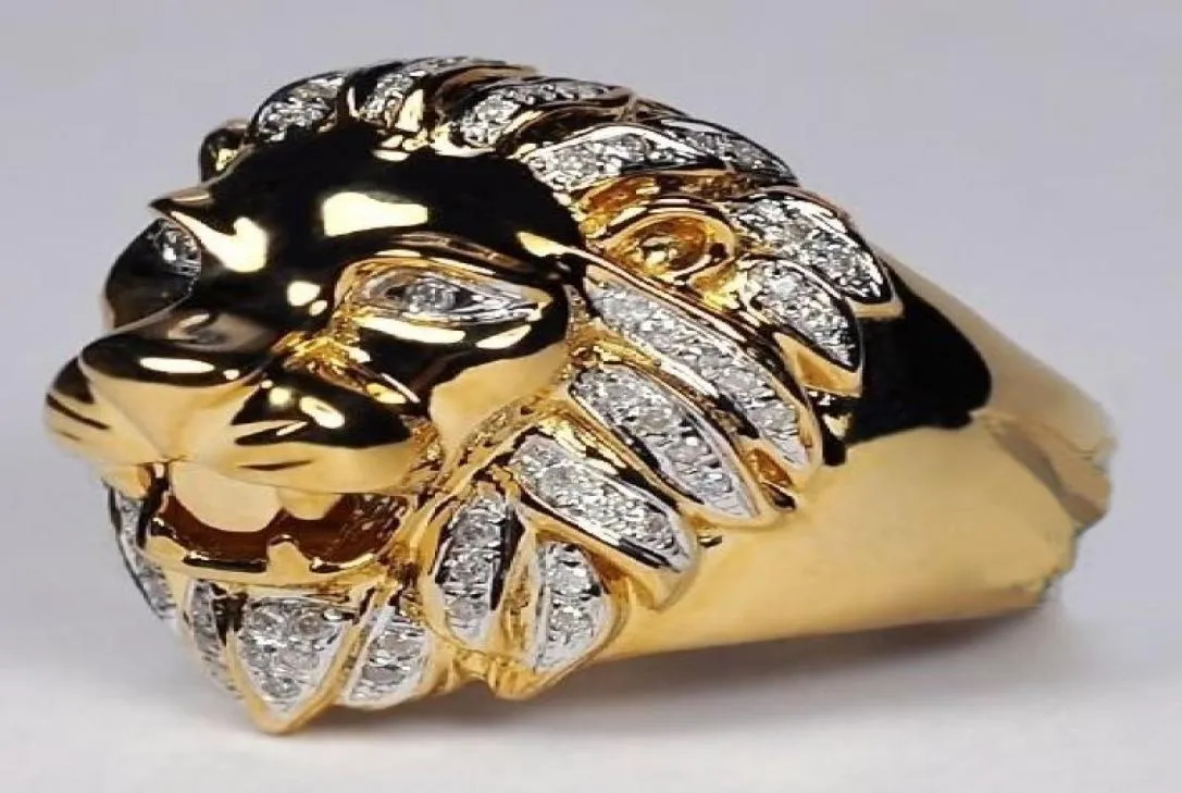 Punk Style Lion Head Ring Men039s 14K Gold Gold Natural White Sapphire Gemstone Diamond Ring Jewelry Taille 6132727522