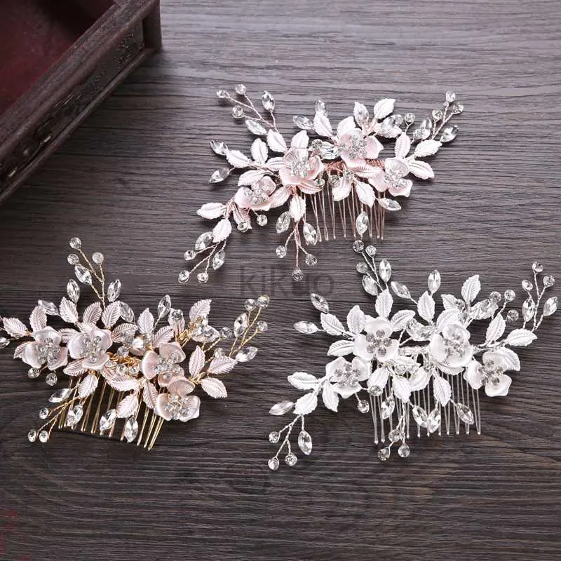 Wedding Hair Jewelry Trendy Silver Color Rose Gold Flower Hair Comb Bridal Hair Accessories Wedding Tiara Hair ornaments Bride Hair Jewelry Handmade d240425