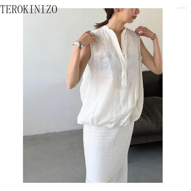 Women's Blouses Terokinizo Harajuku White Vintage Blouse Dames O-Neck Mouwloze losse casual shirts vrouwelijke mode eenvoudige zachte doorzichting