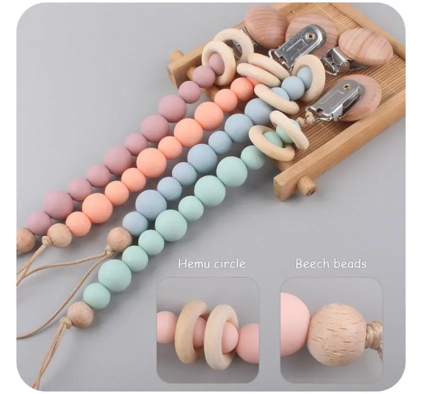 INS baby Safty Wooden Silicon Soothers & Teethers Circle Beads Ball Design Health Care Teething Pacifier Anti-drop Chain Infant Suitable For 0-3Months