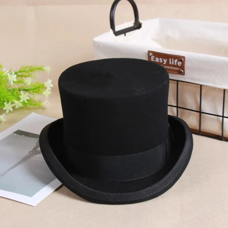 Wool Flat Man Top Hat Fashion Fedora Hats Versatile Panama Magician Cap Gentleman Cylinder Strap Steampunk Unisex Elegant 240417