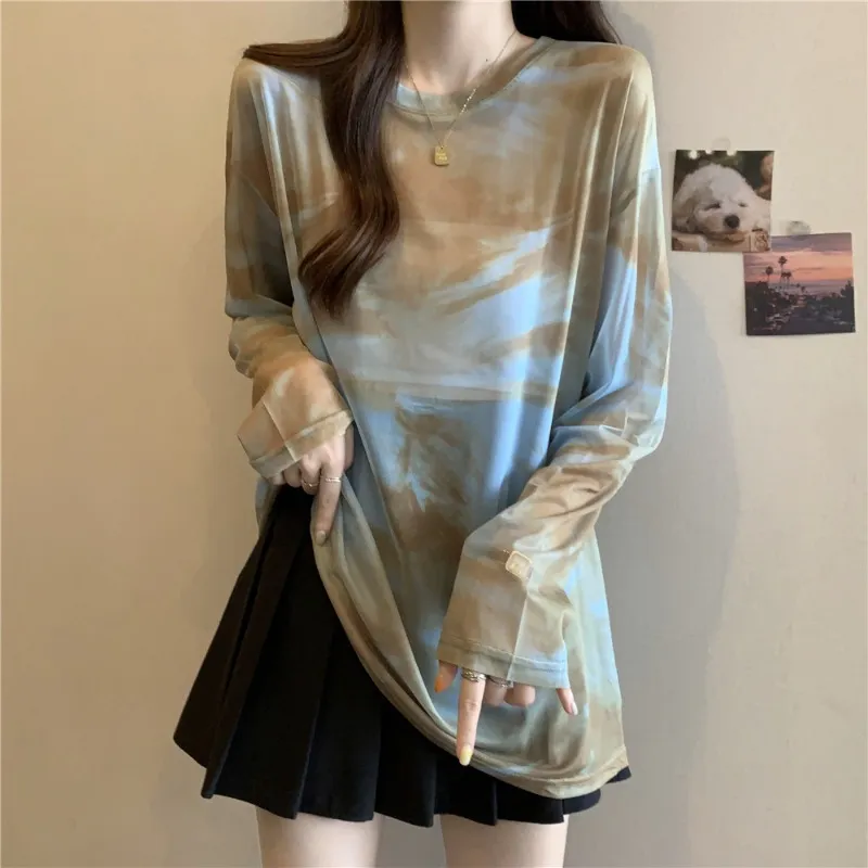 2024 Summer New Mesh T-shirts Women Korean Style O-neck Long Sleeve Color Printing Tie Dye Loose Thin Tees Office Lady Fashion Versatile Casual Oversize Tops Female