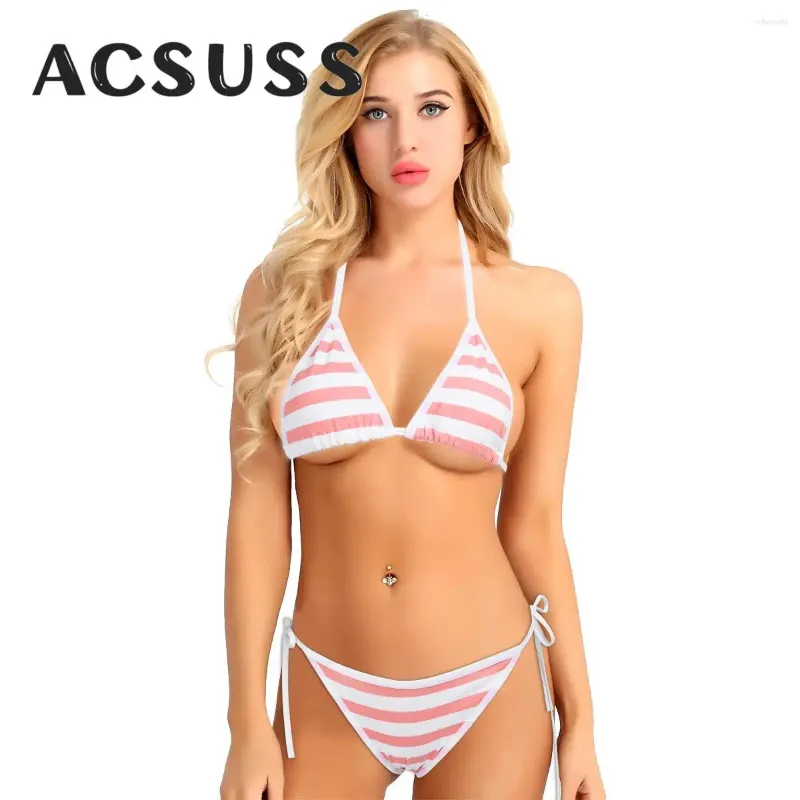 Women's Swimwear Striped Bikini Set Lingerie Women Halter Bra Top And Briefs Cute Kawaii Japanese Anime Style Bathing Suit Tanning Beach