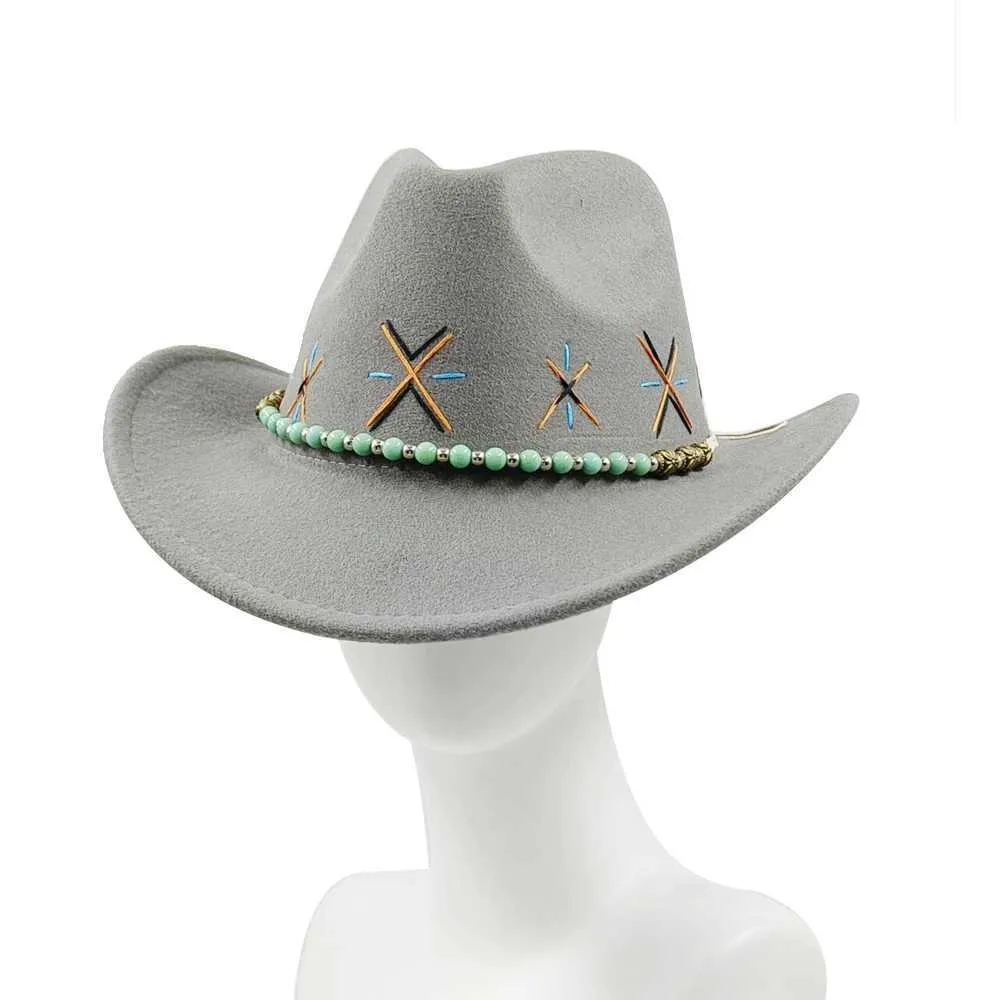 Cappelli a bordo larghi cappelli da secchio da cowboyhat ricamato a mano Accessori per cappelli da cowboy occidentali decorazioni classiche maschi jazz a bordo largo e cappello da feltro femminile y240425