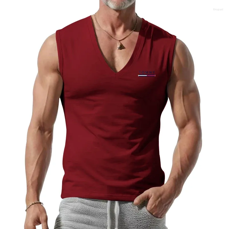 Herrtankstoppar högkvalitativ Vest V-ringning fast färg Casual andas Slim Sleeveless Sports Fitness T-shirt Tryck TOMNY