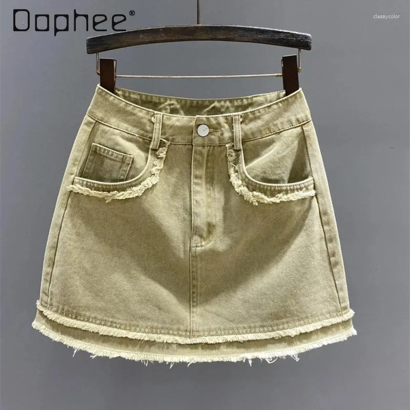 Skirts Retro Woman Short Denim Skirt 2024 Spring And Summer Girl High Waist Slimming Anti-Emptied Fringed Burr Hip Jean