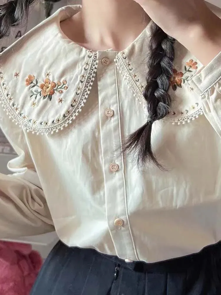 Camicia da colletto di camicia peter pan da donna camicetta a manica lunga femmina femmina stampato floreale vintage top ladies busas in stile coreano in stile preppy