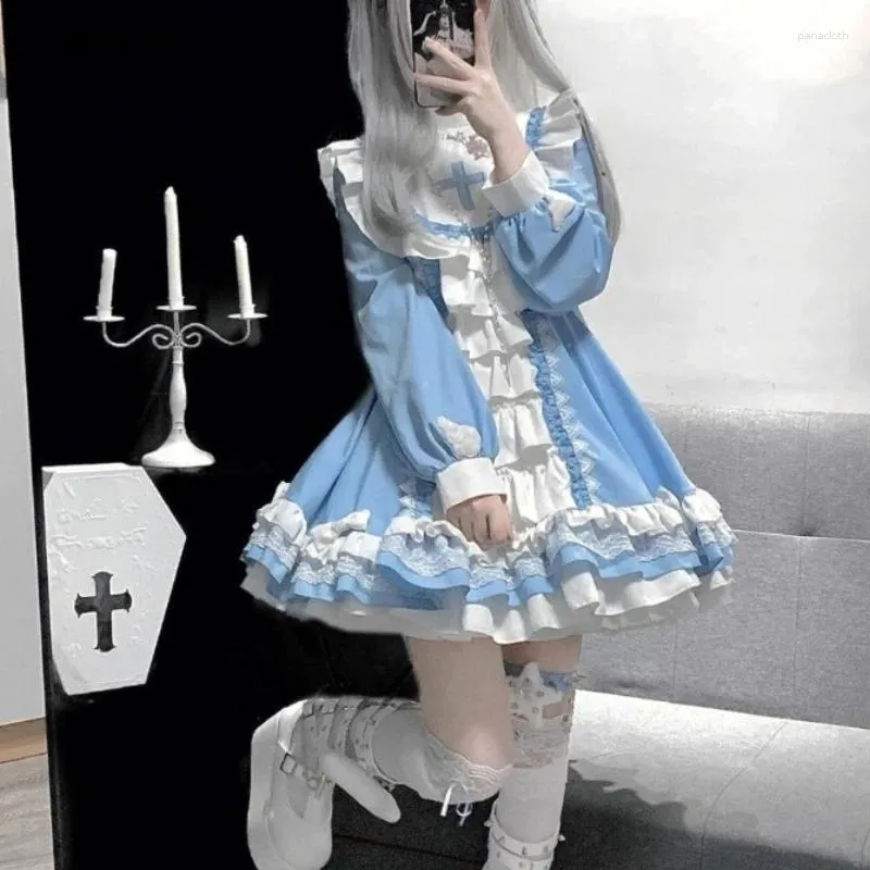 Casual Dresses Gothic For Women Japanese Sweet Saia Lolita Style O-neck Ruffles Kawaii Jupe Patchwork Lace Fashion Dress Vestido Femme