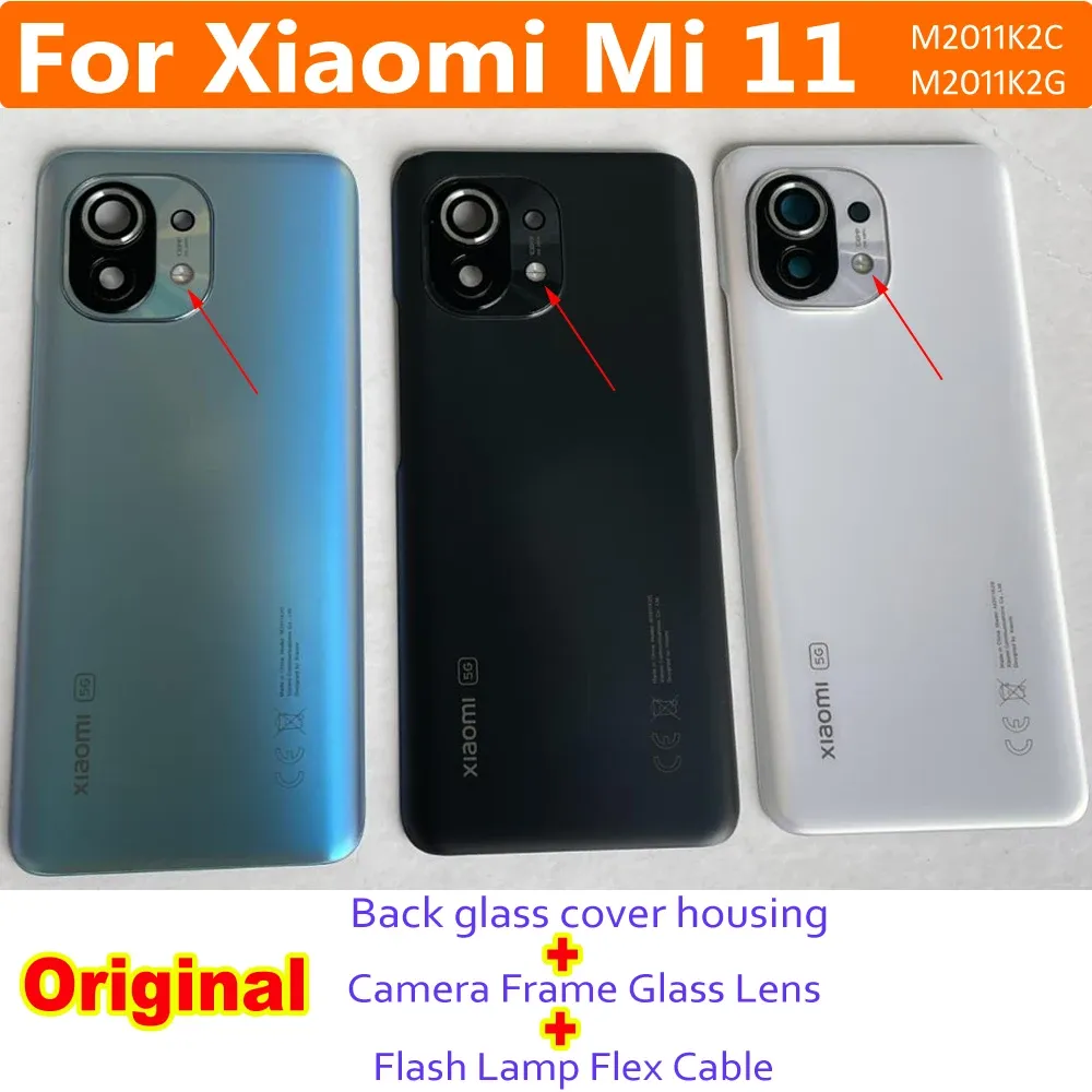 Frames Original Rückenglas Batterieabdeckungsgehäuse für Xiaomi Mi 11 Mi11 Tür Heckhart Deckel + Kamera Rahmen Objektiv + Blitzlampe Flex Kabel