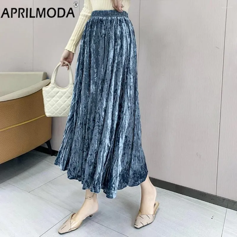 Skirts Elegant Solid Vintage High Waist Midi Length Metallic A Line Skirt 2024 Black Gold Blue Autumn Winter Velvet Women