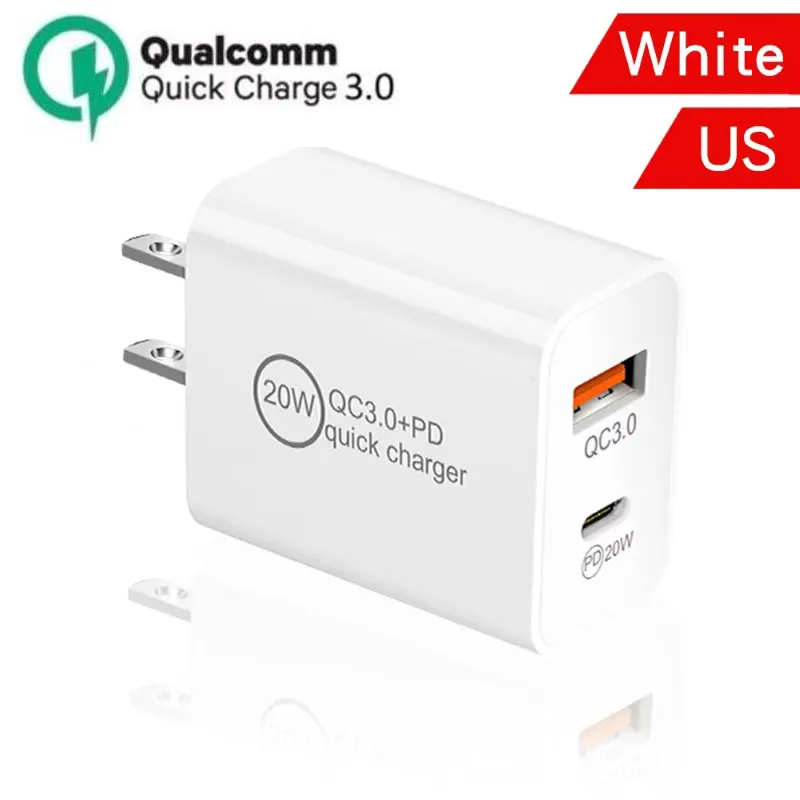 OEM QC 3.0 Snabbladdare USB Type-C PD Fast Charge 20W US EU Wall Plug Dual Port 5V/4A 9V/2.2A 12V/1.7A för mobiltelefon