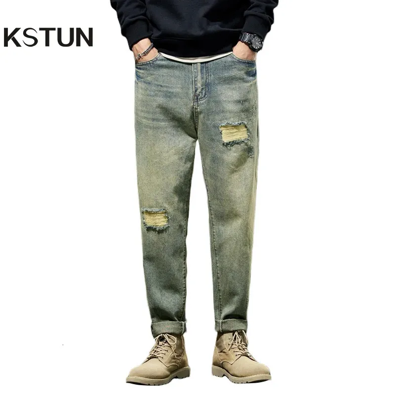 Hiphop jeans män löst fit harem byxor överdimensionerade för man rippade streetwear rivna denim byxor manliga vintage kläder 240417