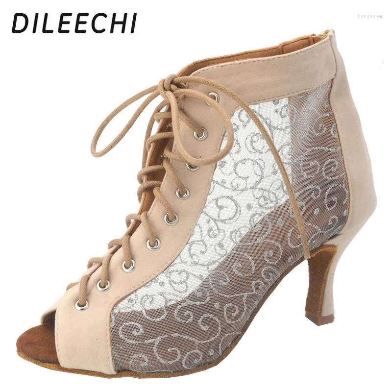 Dance Scarpe Dileechi Velvet per pelle latina con pizzo Squadra di salsa quadrata di salsa che balla Cuba da 7,5 cm Stivali per suola morbida