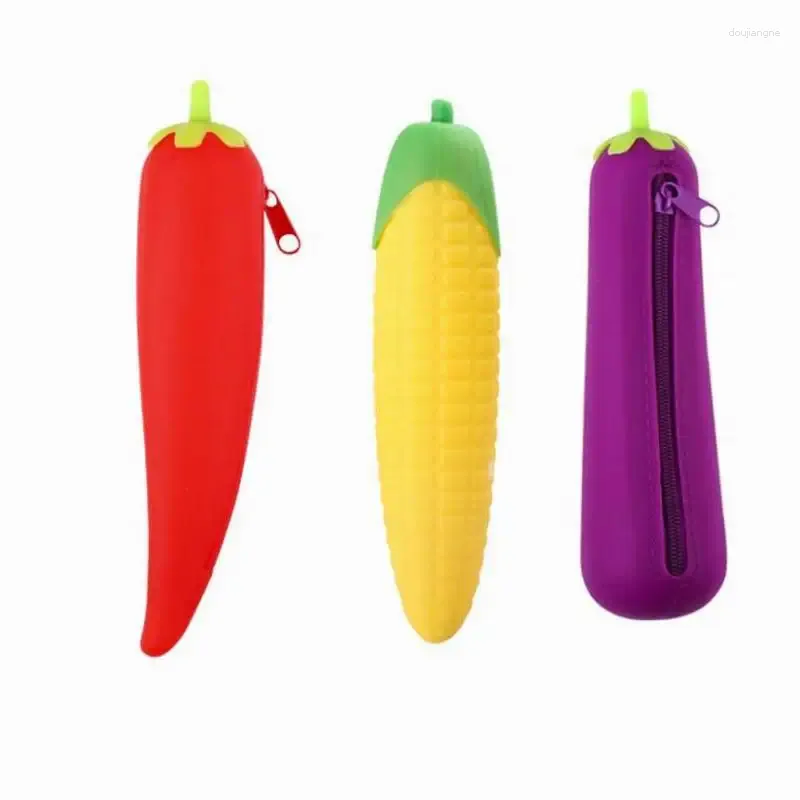 100pcs Zipper Eggplant Peas Bean Pod Corn Shaped Pencil Case Large Capacity Creative Silicone Pen Bag Student