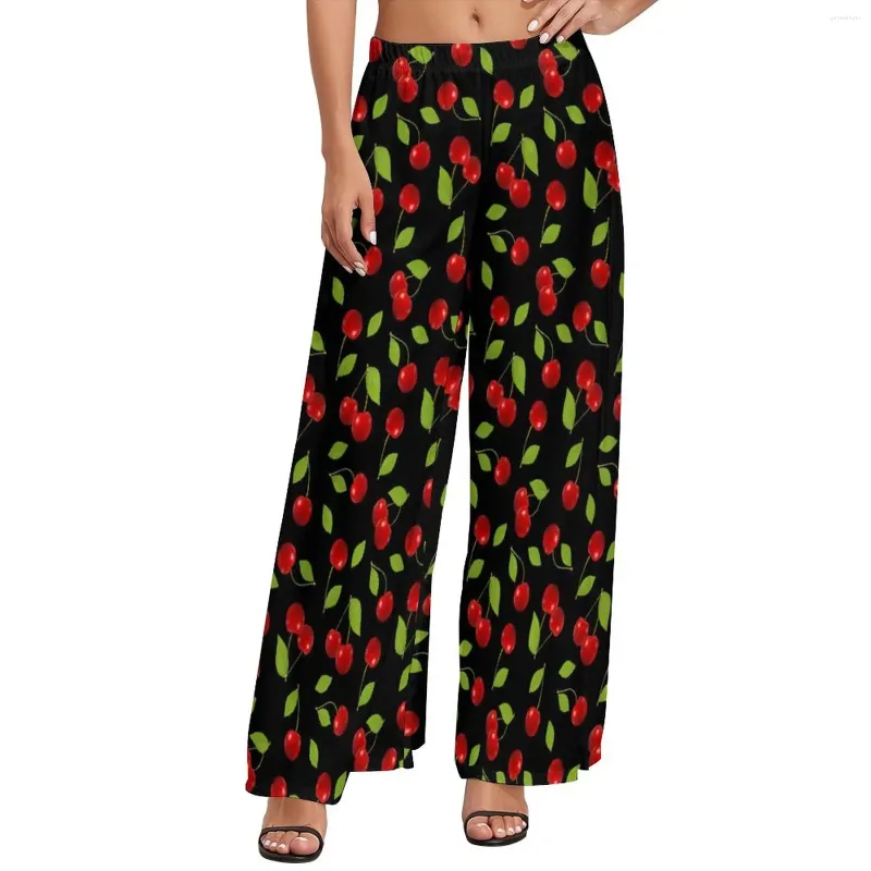 Women's Pants Cute Cherries Green Leaves Office Wide Leg Female Oversize Streetwear Design Straight Trousers