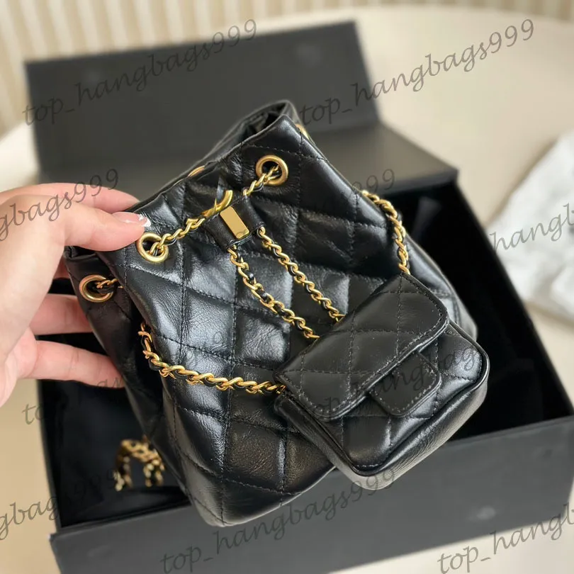 Womens Black Lambskin 2in1 Classic Quilted Diamond Lattice Mini Drawstring Bucket Bags Soft Leather Gold Chain Coin Flap Lipstick Card Holder Crossbody Purse 20cm