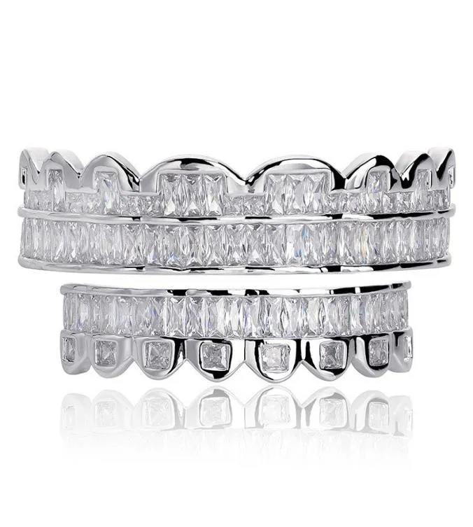 New Discount Baguette Set Teeth Grillz Top Bottom Silver Color Grills Dental Mouth Hip Hop Fashion Jewelry Rapper Jewelry5772602