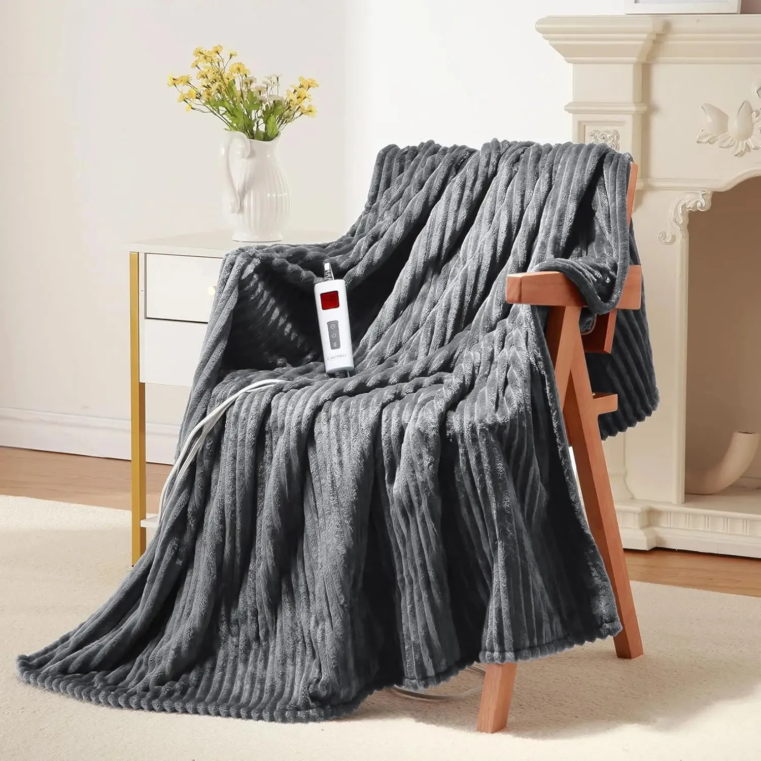 Grey Ribbed Throw Grey Flannel Electric Heated Blanket with 6 Heat Settings, 20 Timer ...