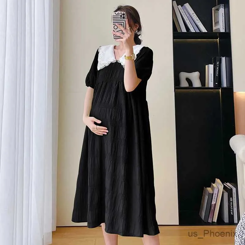 Maternity Dresses Maternity Dress Summer Lace Peter Pan Collar Short Sleeve High Waist Pregnant Woman Loose Chiffon Dress Sweet Pregnancy Clothes