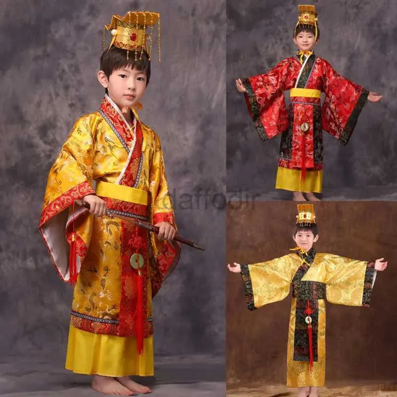 ステージウェア幼児伝統的なハンフのドレス男性男の子皇帝キングレッド服の子供衣装タンスーツキッズローブ+ハットセットD240425
