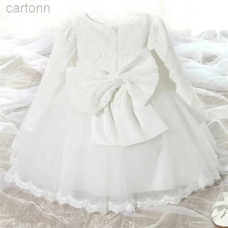 Girl's Dresses Baby Girl Long Sleeves Dress Newborn White Baptism Dress Flower Girls Dress Toddler Christening Gown Elegant Lace Princess Dress d240425