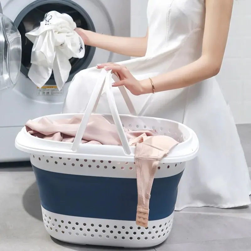 折りたたみ可能なプラスチックランドリーバスケット折りたたみポップアップバスルームダーティ服世帯大型収納コンテナ240424