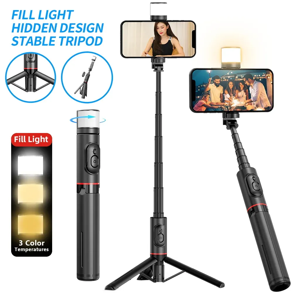 Taşınabilir Kablosuz Selfie Stick Tripod, Uzaktan Dolgu Işıklı Katlanabilir Mini Telefon Stand Stand Mobil Akıllı Telefon İçin Tripod Yeni