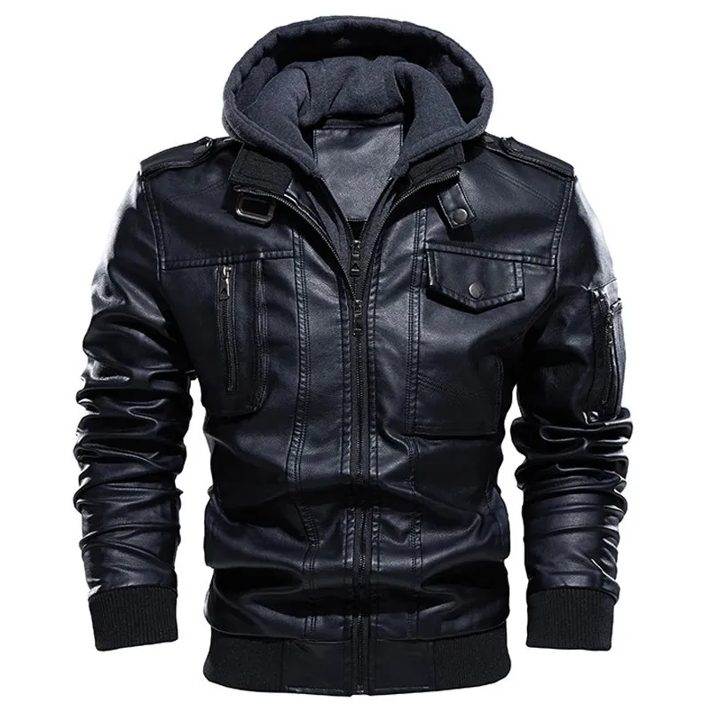 Premium Quality Mens Vintage Hooded Leather Jacket Warm Thick