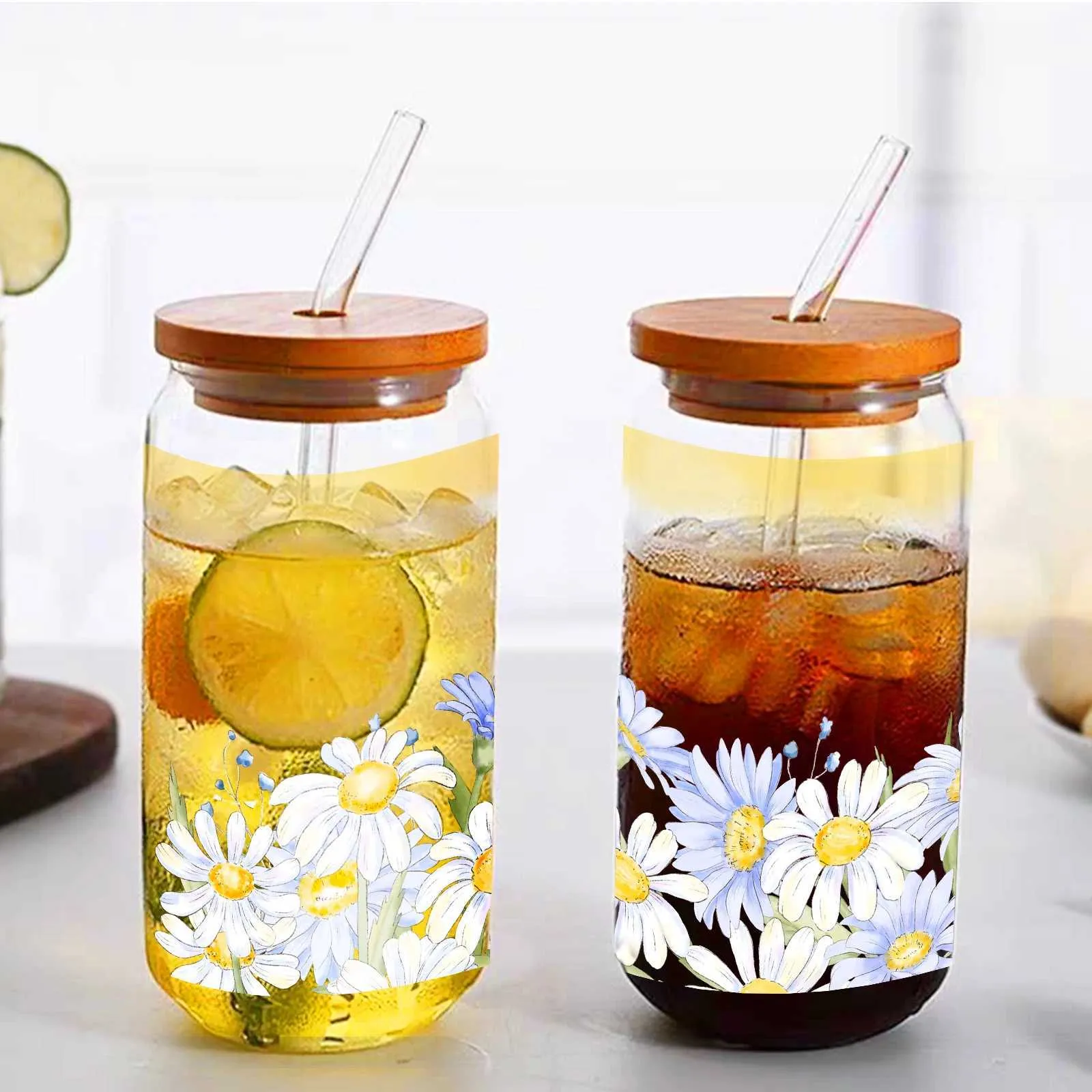 Tumblers Blue Daisy 3d Print 16oz Glass Cup Mason Can Water Bottles With Bamboo Lid Straw Drinking Soda Ice Coffee For Gift H240425