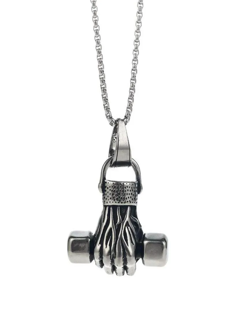 Colliers pendentiels personnalité Creative Titanium Steel Collier ne s'estompe pas Fitness Fist Dumbbell Sports Punk Hip Hop Power Jewel4792968