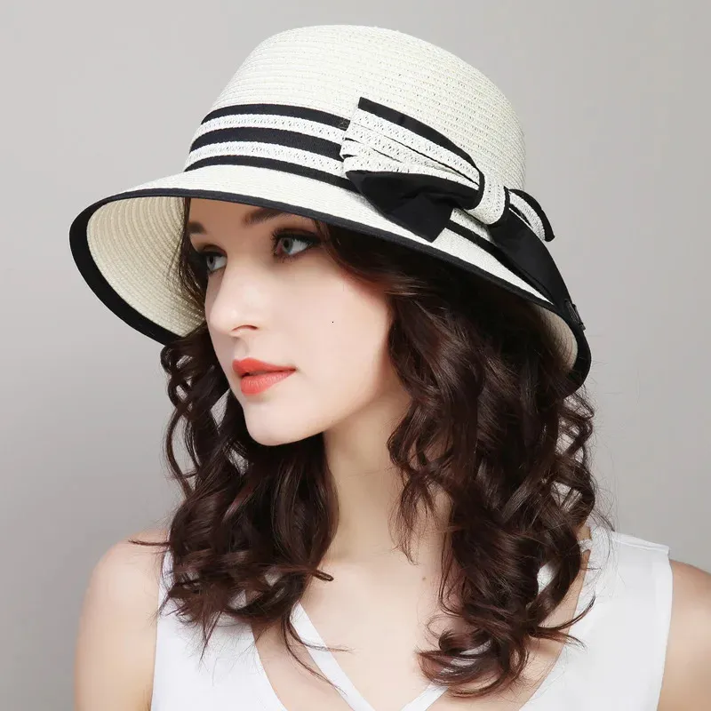 Muchique Boater -hoeden voor vrouwen zomerzon strohoed wijd riem strandmeisje buiten reismuts casual boog 240415
