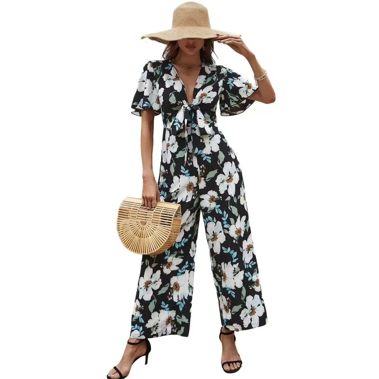 Chic Chiffon Printed Summer Jumpsuit: Breezy Beach Style for Women
