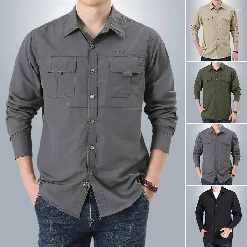 Men's Casual Shirts Men Long Sleeve Cargo Solid Shirt Male Oversized Pocket Work Business Mens Military Hiking Man Clothes