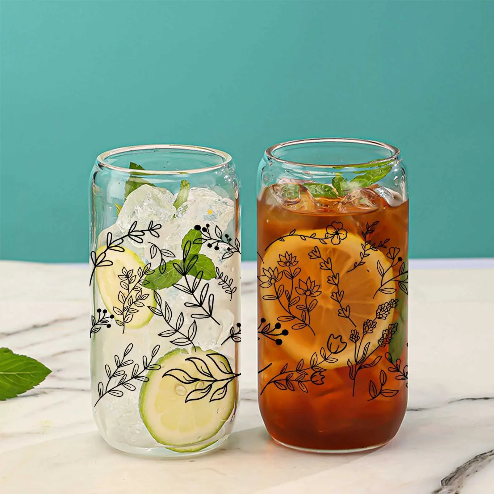 Tumblers 16oz Clear Drinking Glass Can With Bamboo Lid And Straw Juice Coffee Milk Cup For Hot/Cold Drinks Black Line Branches Leaves H240425