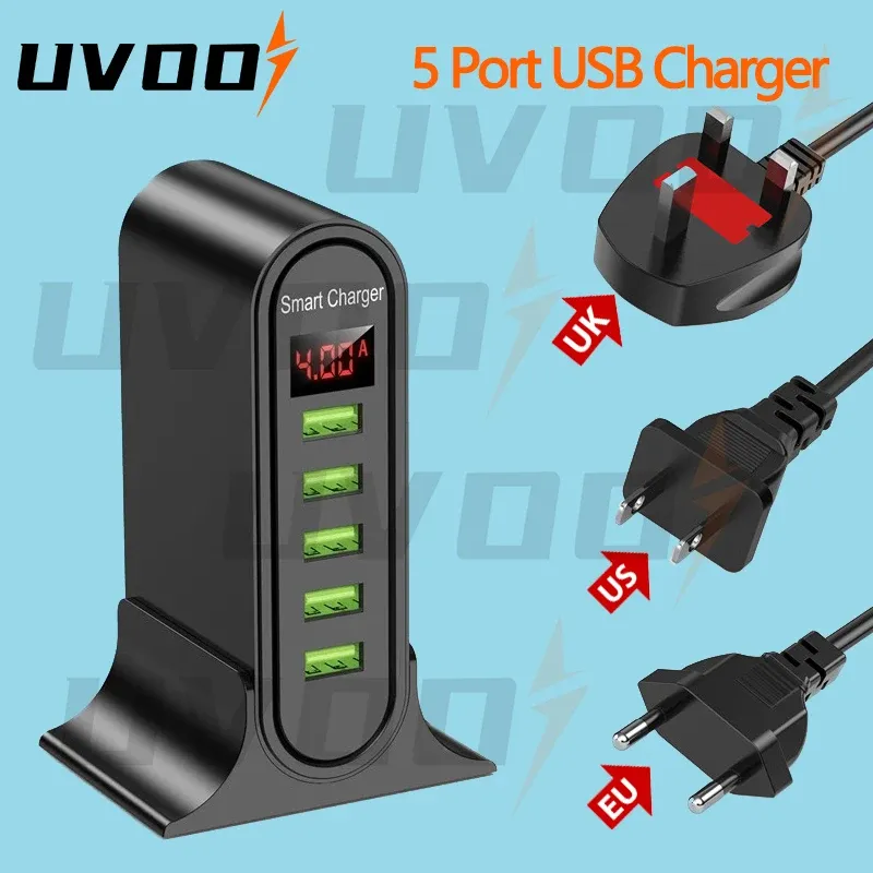 Chargers USB A Charger Station 5 Port LED Display Multi USB Phone Desktop EU US UK Plug With Digital Display Travel Wall Charger Adapter